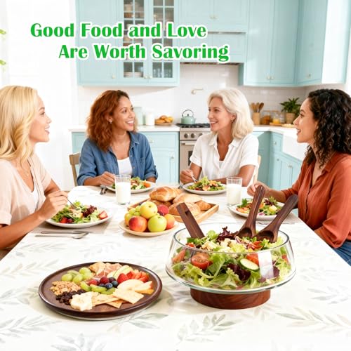 Airsent Extra Large Glass Salad Bowl with Lid Set, 5-Qt (160 fl oz) Mixing/Serving Bowl with Wood Base & Salad Servers, Trifle Bowl for Kitchen, Parties & Christmas - My Kitchen Products