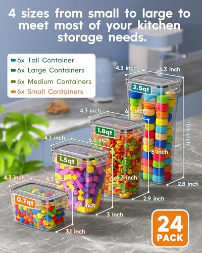 Airtight Food Storage Containers with Lids, 24 PCS Kitchen and Pantry Organization Canisters, BPA-Free, PVC-Free, Food-grade Plastic Leak-proof Jars for Cereal, Flour, Sugar, Extra 24 Labels & Marker - My Kitchen Products