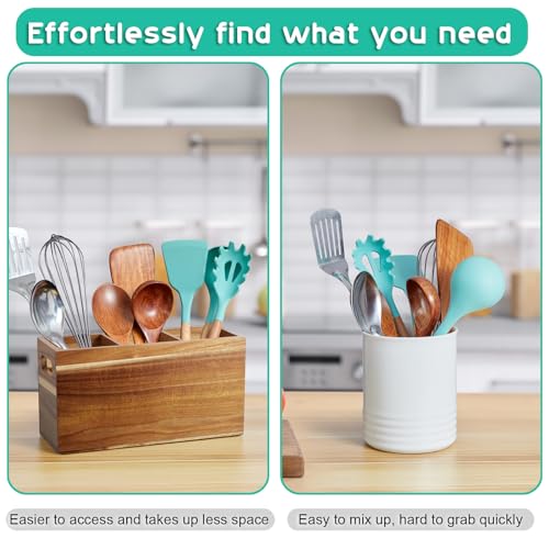 ALELION Acacia Wood Utensil Holder Organizer for Counter - Large Wooden Utensil Caddy for Countertop - 3 Compartment Cooking Tool Holder for Spatula - for Farmhouse Kitchen Decor and Accessories - My Kitchen Products