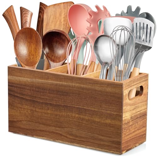 ALELION Acacia Wood Utensil Holder Organizer for Counter - Large Wooden Utensil Caddy for Countertop - 3 Compartment Cooking