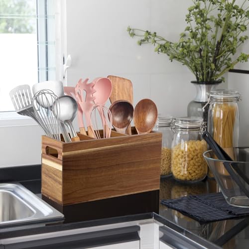 ALELION Acacia Wood Utensil Holder Organizer for Counter - Large Wooden Utensil Caddy for Countertop - 3 Compartment Cooking Tool Holder for Spatula - for Farmhouse Kitchen Decor and Accessories - My Kitchen Products