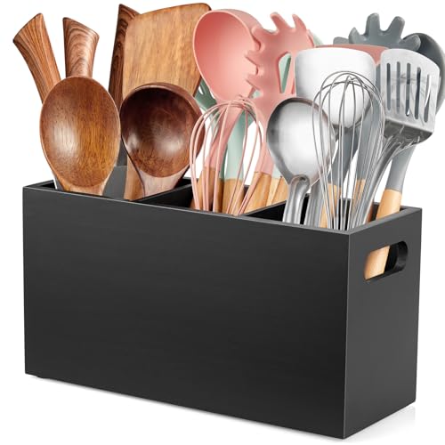 ALELION Black Kitchen Utensil Holder for Countertop - Wooden Large Utensil Caddy Organizer for Counter - 3 Compartment