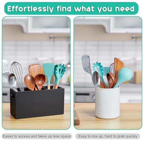 ALELION Black Kitchen Utensil Holder for Countertop - Wooden Large Utensil Caddy Organizer for Counter - 3 Compartment Cooking Utensil Crock for Silverware Spoon Spatula - My Kitchen Products