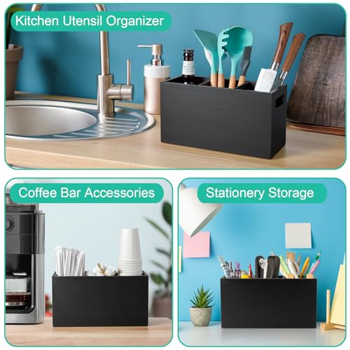 ALELION Black Kitchen Utensil Holder for Countertop - Wooden Large Utensil Caddy Organizer for Counter - 3 Compartment Cooking Utensil Crock for Silverware Spoon Spatula - My Kitchen Products