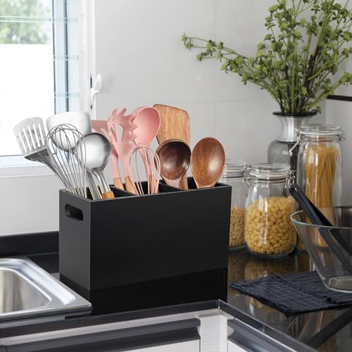 ALELION Black Kitchen Utensil Holder for Countertop - Wooden Large Utensil Caddy Organizer for Counter - 3 Compartment Cooking Utensil Crock for Silverware Spoon Spatula - My Kitchen Products