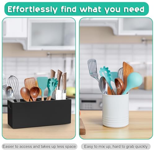 ALELION Large Utensil Holder with Removable Divider - 4 Compartment Wooden Utensil Caddy Organizer for Kitchen Counter - Black Cooking Utensil Crock for Countertop - My Kitchen Products