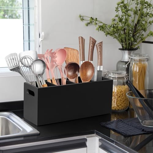 ALELION Large Utensil Holder with Removable Divider - 4 Compartment Wooden Utensil Caddy Organizer for Kitchen Counter - Black Cooking Utensil Crock for Countertop - My Kitchen Products