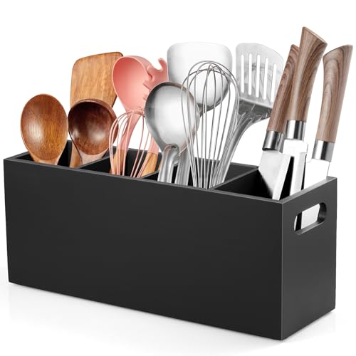 ALELION Large Utensil Holder with Removable Divider, 4 Compartment Wooden Utensil Caddy Organizer for Kitchen
