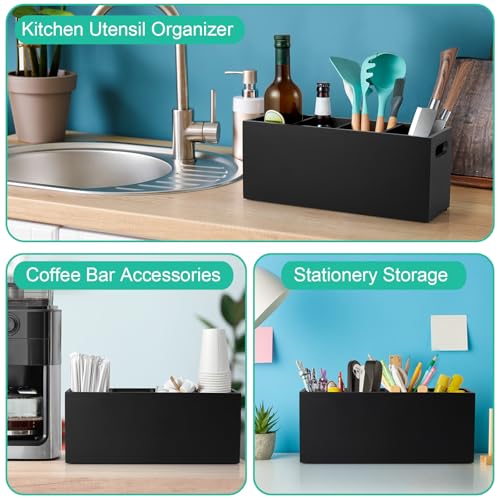 ALELION Large Utensil Holder with Removable Divider - 4 Compartment Wooden Utensil Caddy Organizer for Kitchen Counter - Black Cooking Utensil Crock for Countertop - My Kitchen Products