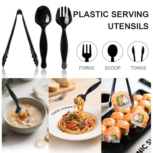 ALEXPRE 30 Pcs Disposable Black Plastic Serving Utensils,10 Set Including 9" Plastic Serving Spoons, Forks and Tongs for Dinner Parties, Buffets,Banquets, Events, Weddings, and Daily Use - My Kitchen Products