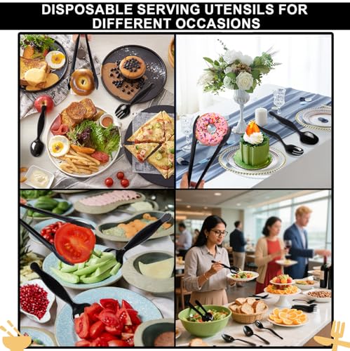 ALEXPRE 30 Pcs Disposable Black Plastic Serving Utensils,10 Set Including 9" Plastic Serving Spoons, Forks and Tongs for Dinner Parties, Buffets,Banquets, Events, Weddings, and Daily Use - My Kitchen Products