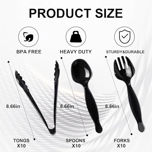ALEXPRE 30 Pcs Disposable Black Plastic Serving Utensils,10 Set Including 9" Plastic Serving Spoons, Forks and Tongs for Dinner Parties, Buffets,Banquets, Events, Weddings, and Daily Use - My Kitchen Products