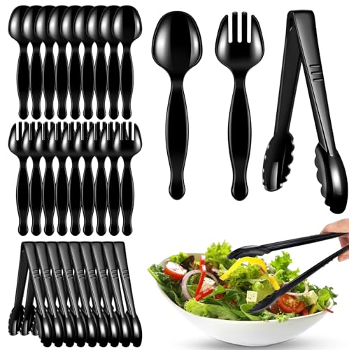 ALEXPRE 30 Pcs Disposable Black Plastic Serving Utensils,10 Set Including 9" Plastic Serving