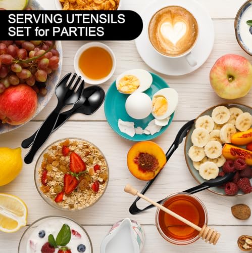 ALEXPRE 30 Pcs Disposable Black Plastic Serving Utensils,10 Set Including 9" Plastic Serving Spoons, Forks and Tongs for Dinner Parties, Buffets,Banquets, Events, Weddings, and Daily Use - My Kitchen Products