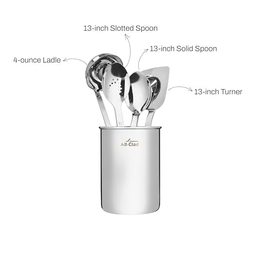 All-Clad 5-Piece Stainless Steel Kitchen Utensil Set – Includes Ladle, Solid Spoon, Slotted Spoon, Turner & Storage Caddy – Heavy-Gauge, Ergonomic, Dishwasher Safe, Silver - My Kitchen Products