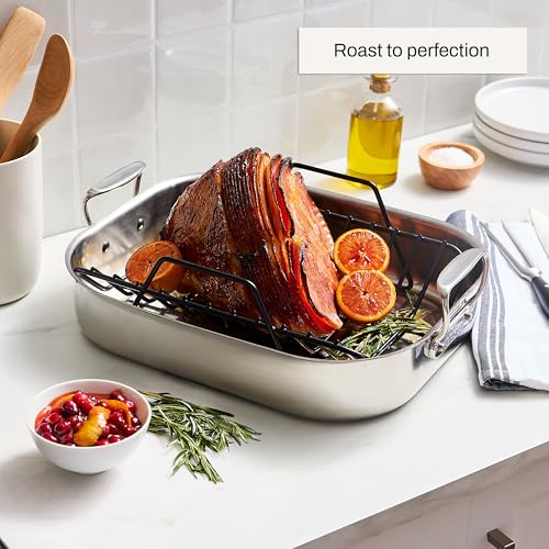 All-Clad Specialty Stainless Steel Roaster and Nonstick Rack 16x13x5 Inch Oven Broiler Safe 600F Roaster Pan, Pots and Pans, Bakeware, Turkey, Silver - My Kitchen Products