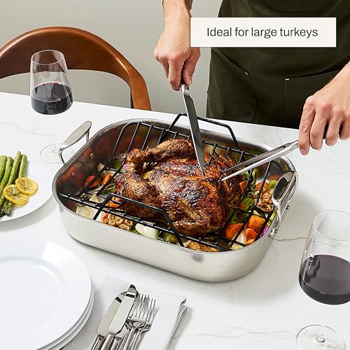 All-Clad Specialty Stainless Steel Roaster and Nonstick Rack 16x13x5 Inch Oven Broiler Safe 600F Roaster Pan, Pots and Pans, Bakeware, Turkey, Silver - My Kitchen Products