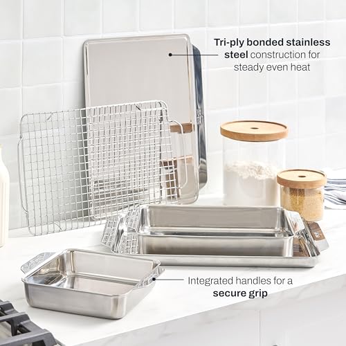 All-Clad Stainless Steel Baking Pans 5-Piece Set-Tri-ply Bonded for Consistent Baking- Includes Square and Rectangular Baking Pans, Baking Sheets, & Cooling Rack- Professional Stainless Steel Bakeware - My Kitchen Products