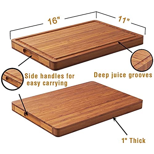 Allsum Bamboo Wood Cutting Board for Kitchen, 1" Thick Butcher Block, Cheese Charcuterie Board, with Side Handles and Juice Grooves, 16x11" - My Kitchen Products