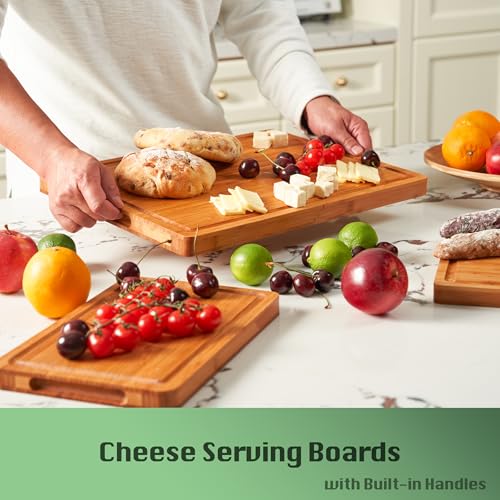 Allsum Bamboo Wood Cutting Board for Kitchen, 1" Thick Butcher Block, Cheese Charcuterie Board, with Side Handles and Juice Grooves, 16x11" - My Kitchen Products
