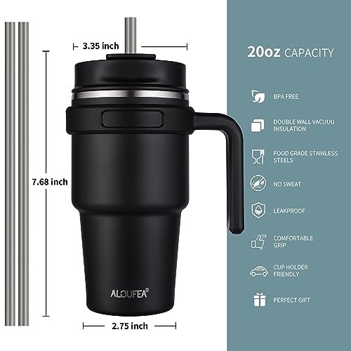 ALOUFEA 20 oz Insulated Coffee Mug Tumbler with Handle, Stainless Steel Travel Mug Tumbler with Lid and Straw,Double Wall Vacuum Leak Proof Ice Coffee Thermal Cup, Black - My Kitchen Products