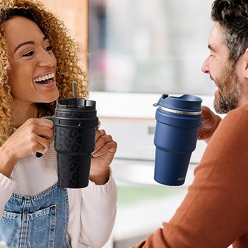 ALOUFEA 20 oz Insulated Coffee Mug Tumbler with Handle, Stainless Steel Travel Mug Tumbler with Lid and Straw,Double Wall Vacuum Leak Proof Ice Coffee Thermal Cup, Black - My Kitchen Products