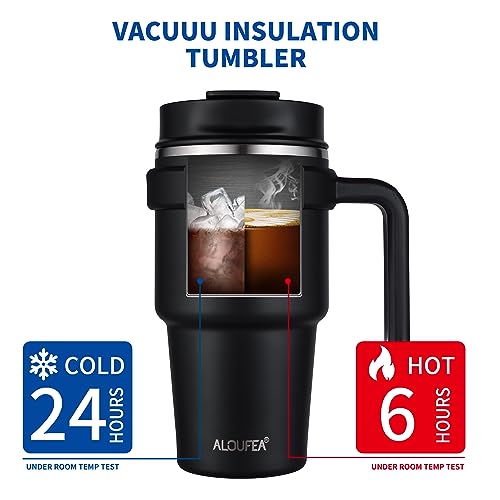 ALOUFEA 20 oz Insulated Coffee Mug Tumbler with Handle, Stainless Steel Travel Mug Tumbler with Lid and Straw,Double Wall Vacuum Leak Proof Ice Coffee Thermal Cup, Black - My Kitchen Products