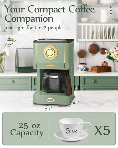 Amaste Drip Coffee Maker, Coffee Machine with 25 Oz Glass Coffee Pot, Retro Style Coffee Maker with Reusable Filter & Three Brewing Modes, Warming Plate, Matcha Green - My Kitchen Products