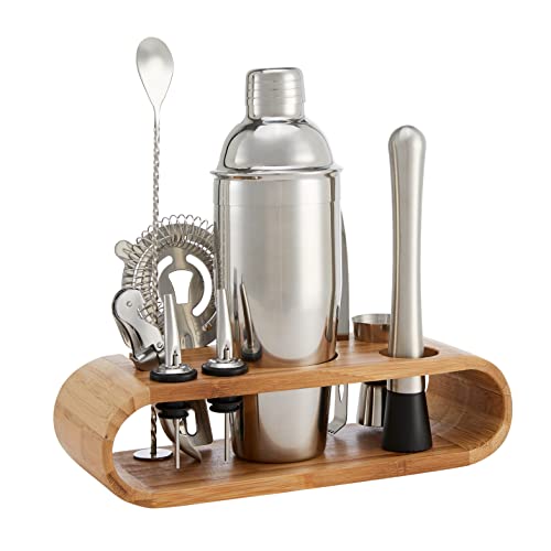 Amazon Basics 10-Piece Stainless Steel Cocktail Shaker Bar Tool Set with Bamboo Stand