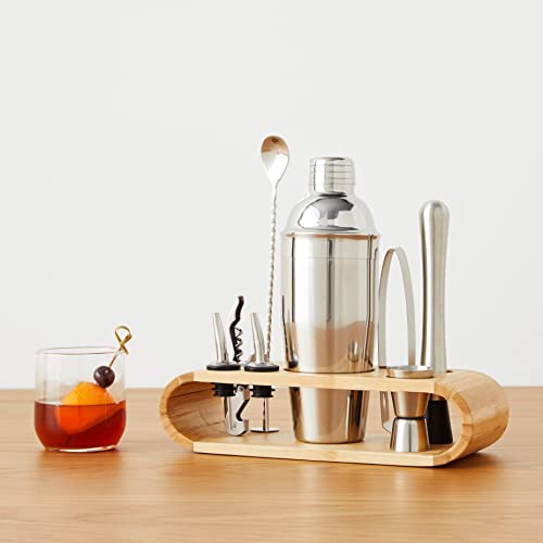 Amazon Basics 10-Piece Stainless Steel Cocktail Shaker Bar Tool Set with Bamboo Stand Holder, Home Bar Drink Mixing Accessories, Housewarming Gift - My Kitchen Products