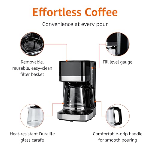 Amazon Basics 12 Cup Drip Coffee Maker with Glass Carafe (1.9 Qt), Auto Shut-off, Auto Pause, Removable Filter Basket, Black & Silver - My Kitchen Products