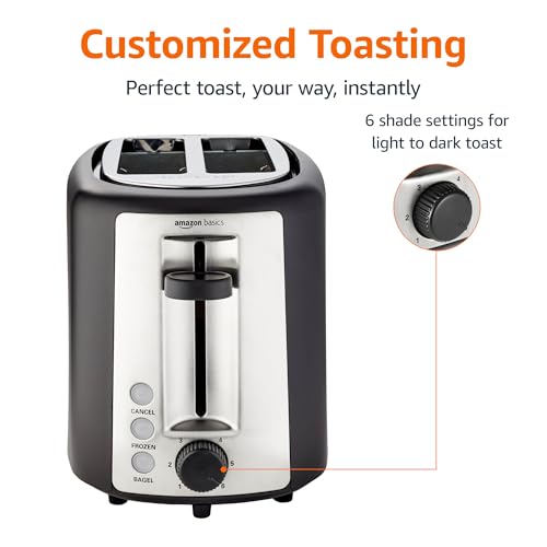 Amazon Basics 2 Slice Toaster, Extra Wide Slots for Bagels, 6 Browning Settings, Removable Crumb Tray, Defrost/Cancel/Bagel Buttons, Cord Wrap, 900W, Black & Silver - My Kitchen Products