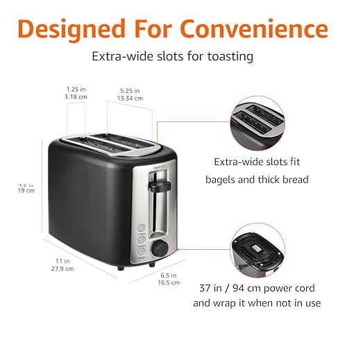 Amazon Basics 2 Slice Toaster, Extra Wide Slots for Bagels, 6 Browning Settings, Removable Crumb Tray, Defrost/Cancel/Bagel Buttons, Cord Wrap, 900W, Black & Silver - My Kitchen Products