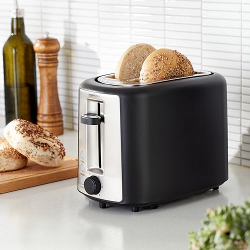 Amazon Basics 2 Slice Toaster, Extra Wide Slots for Bagels, 6 Browning Settings, Removable Crumb Tray, Defrost/Cancel/Bagel Buttons, Cord Wrap, 900W, Black & Silver - My Kitchen Products