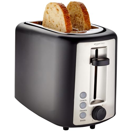 Amazon Basics 2 Slice Toaster, Extra Wide Slots for Bagels, 6 Browning Settings, Removable Crumb Tray, Defrost/Cancel/Bagel Buttons, Cord Wrap, 900W, Black & Silver - My Kitchen Products