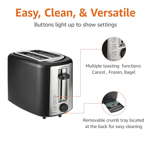 Amazon Basics 2 Slice Toaster, Extra Wide Slots for Bagels, 6 Browning Settings, Removable Crumb Tray, Defrost/Cancel/Bagel Buttons, Cord Wrap, 900W, Black & Silver - My Kitchen Products