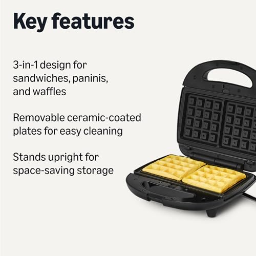 Amazon Basics 3-in-1 Sandwich Maker, Panini Press and Waffle Maker with Removable Ceramic-Coated Plates, 760W, Space-Saving Storage - My Kitchen Products