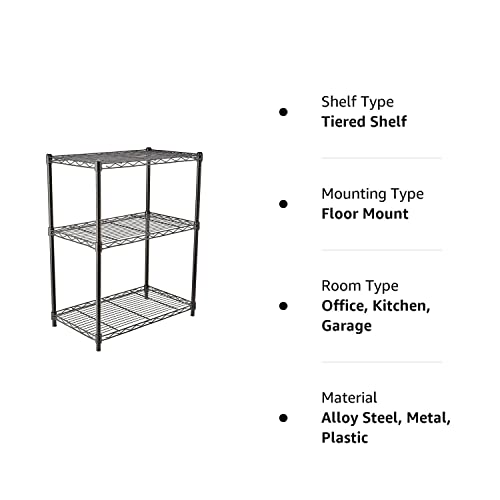 Amazon Basics 3-Shelf Adjustable Heavy Duty Steel Wire Rack Storage Shelving Organizer with Storage Space, Versatility and Ease of Use for Kitchen, Garage, 23.2" L x 13.4" W x 30" H, Black - My Kitchen Products