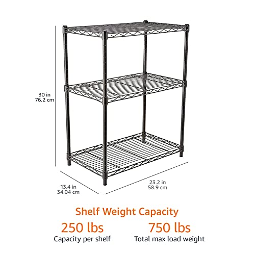 Amazon Basics 3-Shelf Adjustable Heavy Duty Steel Wire Rack Storage Shelving Organizer with Storage Space, Versatility and Ease of Use for Kitchen, Garage, 23.2" L x 13.4" W x 30" H, Black - My Kitchen Products