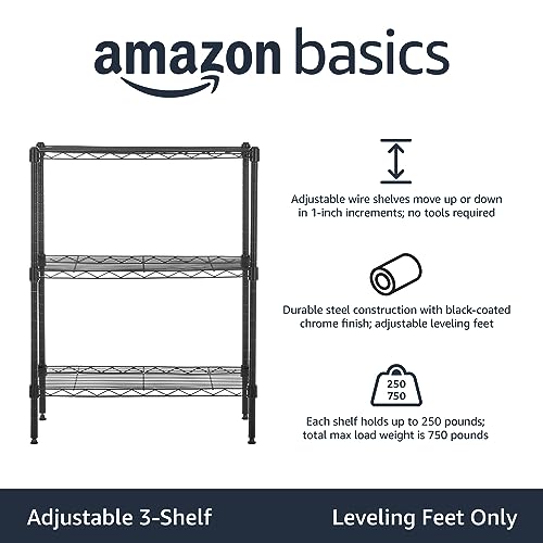 Amazon Basics 3-Shelf Adjustable Heavy Duty Steel Wire Rack Storage Shelving Organizer with Storage Space, Versatility and Ease of Use for Kitchen, Garage, 23.2" L x 13.4" W x 30" H, Black - My Kitchen Products