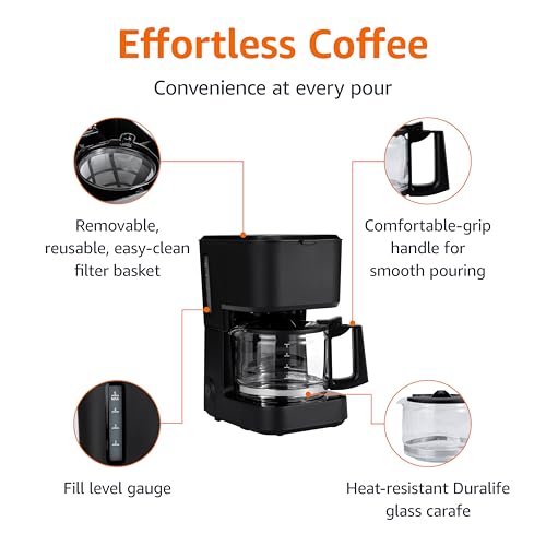 Amazon Basics 5 Cup Drip Coffee Maker with Glass Coffee Pot (0.8 Qt), Auto Shut-off, Auto Pause, Removable Filter Basket, Matte Black - My Kitchen Products