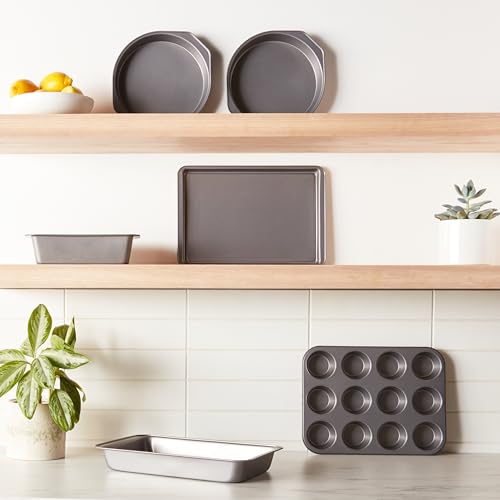 Amazon Basics 6 Piece Nonstick Carbon Steel Bakeware Set with Cake, Muffin, Cookie, and Loaf Pans, Easy Release, Oven Safe, 16.25 x 11.75 x 6.25 inches - My Kitchen Products