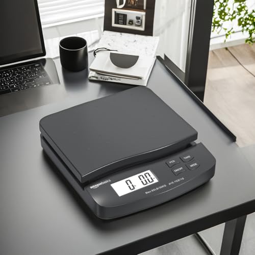 Amazon Basics Digital Postal Shipping Scale with Tare Function, AC Adapter, 65 lb Capacity, 0.1 oz Readability, LCD Display, Black - My Kitchen Products