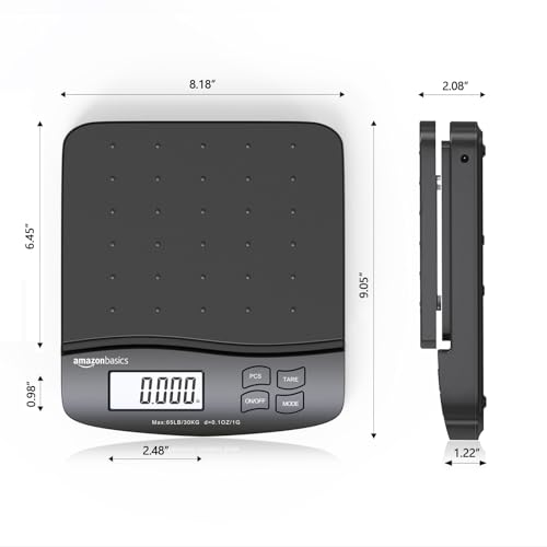 Amazon Basics Digital Postal Shipping Scale with Tare Function, AC Adapter, 65 lb Capacity, 0.1 oz Readability, LCD Display, Black - My Kitchen Products