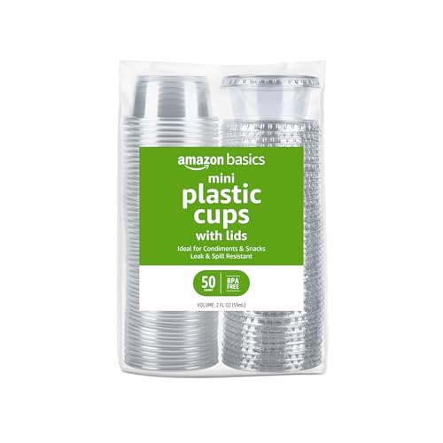 Amazon Basics Disposable Plastic To-Go Cups and Lids, Mini, 2oz, 50 Count, BPA Free, for Condiment, Salad Dressing