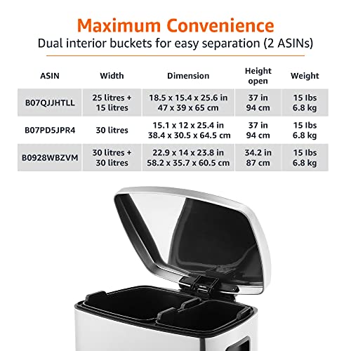 Amazon Basics Dual Compartment Recycling Trash Can with Soft-Close Lid, Fingerprint Resistant, Removable Liner Buckets, 60 Liters, Rectangular, Grey, Silver - My Kitchen Products