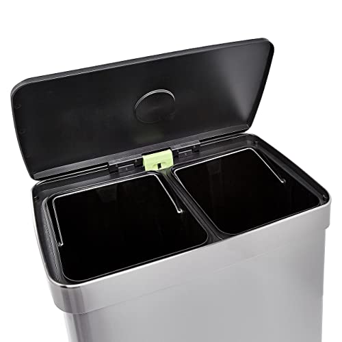Amazon Basics Dual Compartment Recycling Trash Can with Soft-Close Lid, Fingerprint Resistant, Removable Liner Buckets, 60 Liters, Rectangular, Grey, Silver - My Kitchen Products