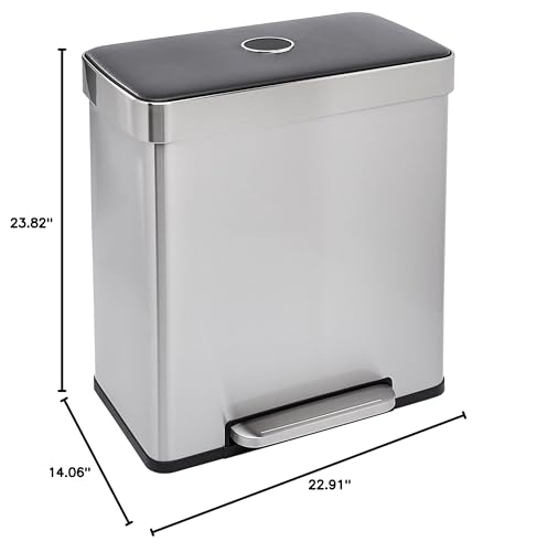 Amazon Basics Dual Compartment Recycling Trash Can with Soft-Close Lid, Fingerprint Resistant, Removable Liner Buckets, 60 Liters, Rectangular, Grey, Silver - My Kitchen Products