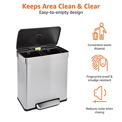 Amazon Basics Dual Compartment Recycling Trash Can with Soft-Close Lid, Fingerprint Resistant, Removable Liner Buckets, 60 Liters, Rectangular, Grey, Silver - My Kitchen Products