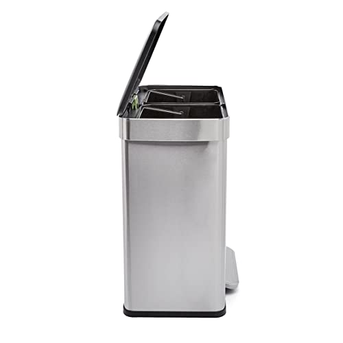 Amazon Basics Dual Compartment Recycling Trash Can with Soft-Close Lid, Fingerprint Resistant, Removable Liner Buckets, 60 Liters, Rectangular, Grey, Silver - My Kitchen Products